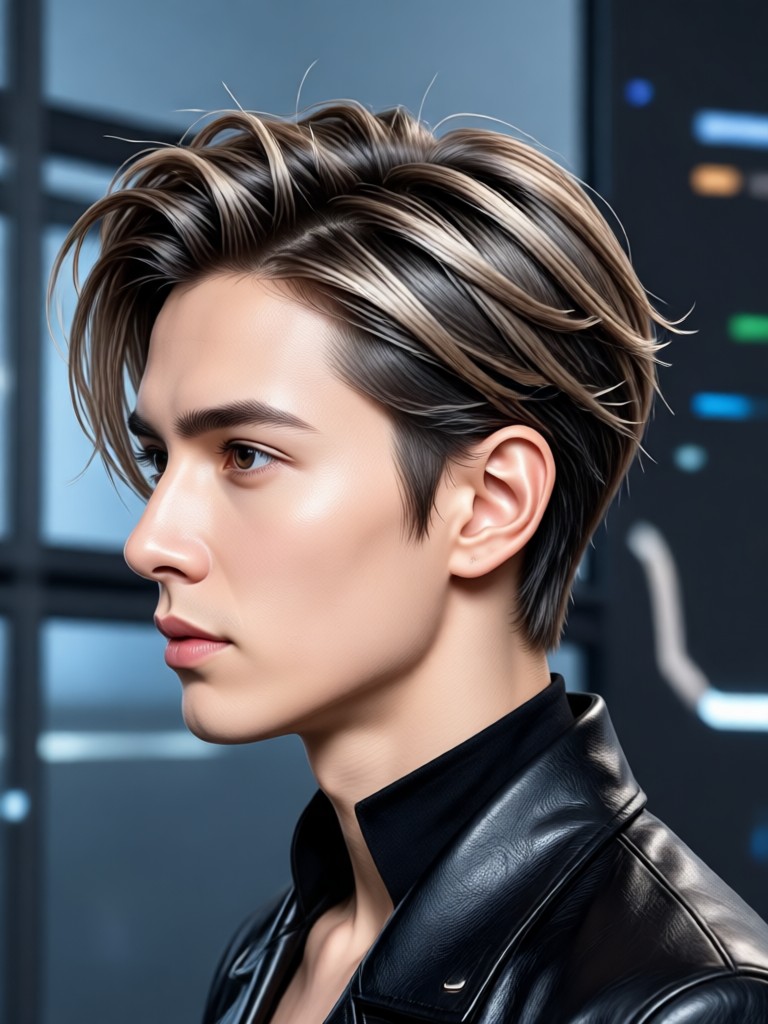 Pratinjau AI highlight biru cerah pada rambut gelap