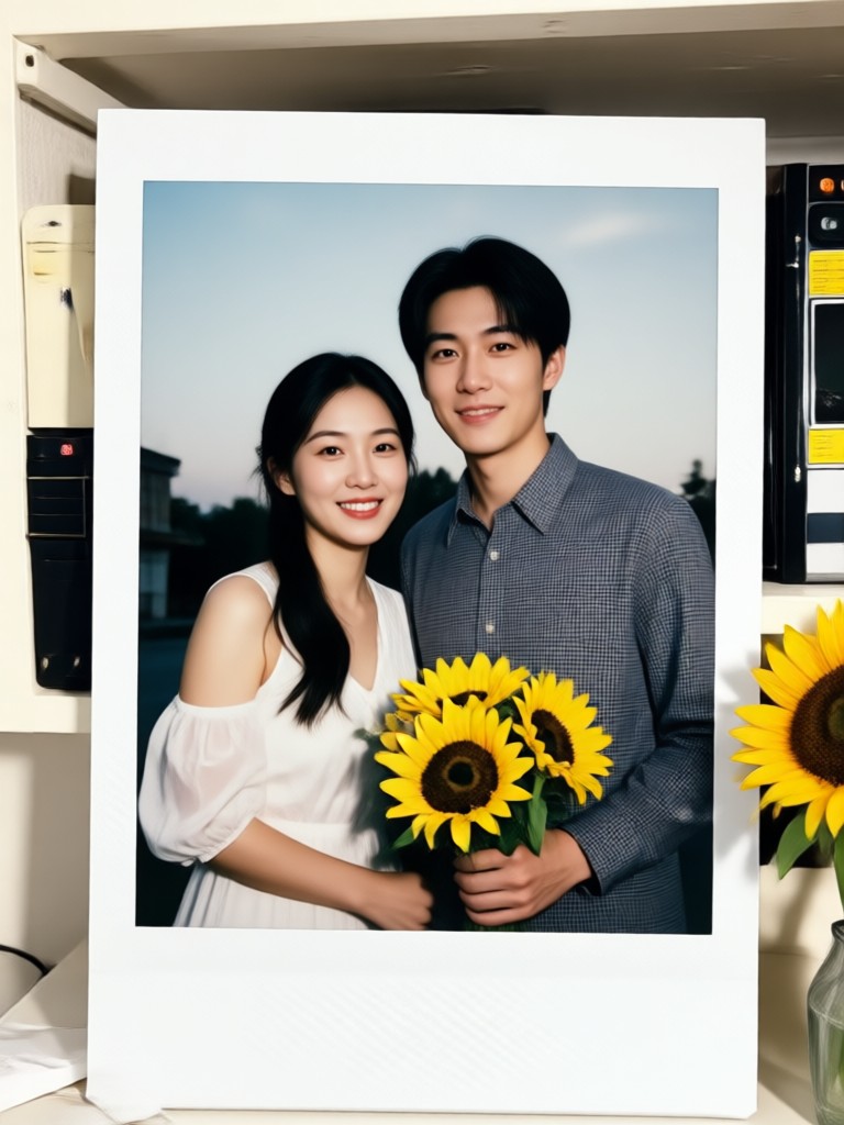 Couple in cozy sweater Polaroid style photo