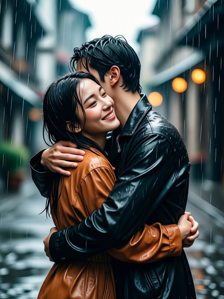 Cinematic rain hug with city lights in background