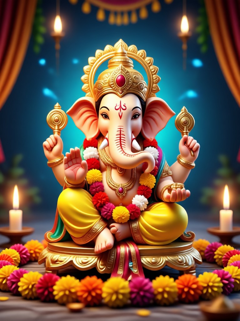 Ganpati hasil AI dengan diya dan modak bercahaya