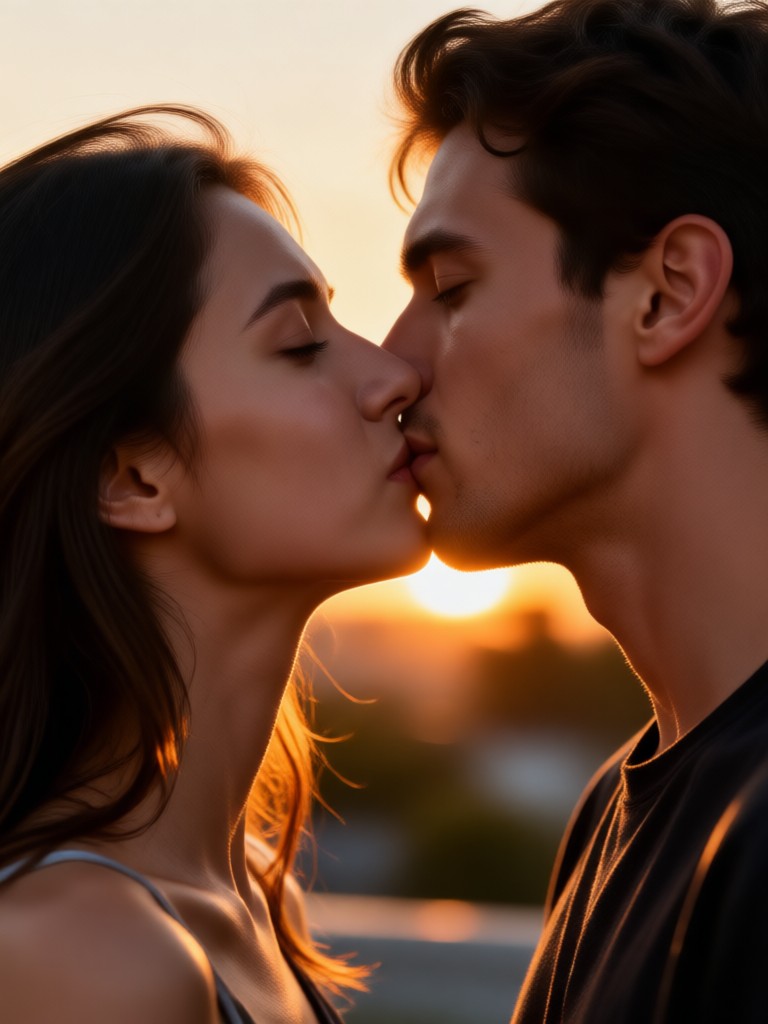 Fotograma de vídeo de pareja besándose al atardecer generado por IA
