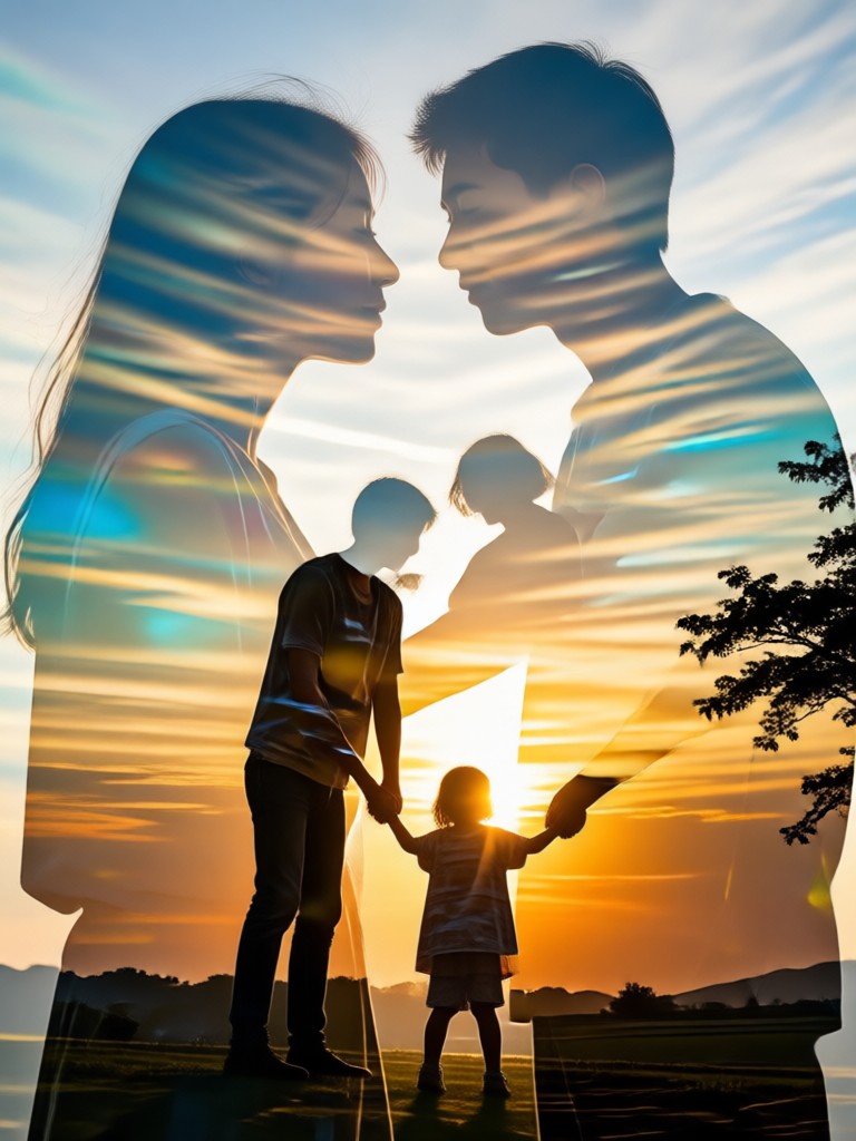 Father and child silhouette fused with a mountain landscape