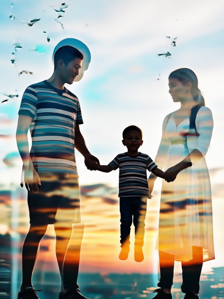Beach vacation double exposure with family and ocean waves