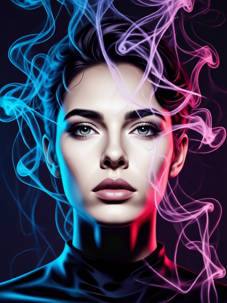 Retrato artístico con humo rosa y verde azulado