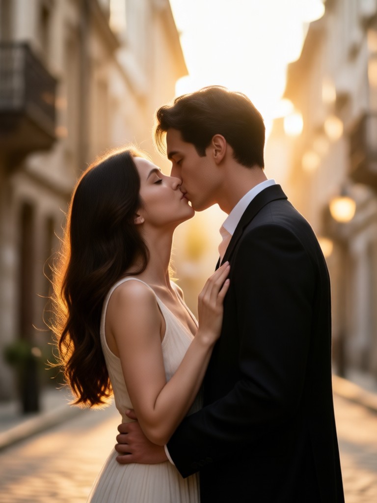 Romantic sunset kiss AI video