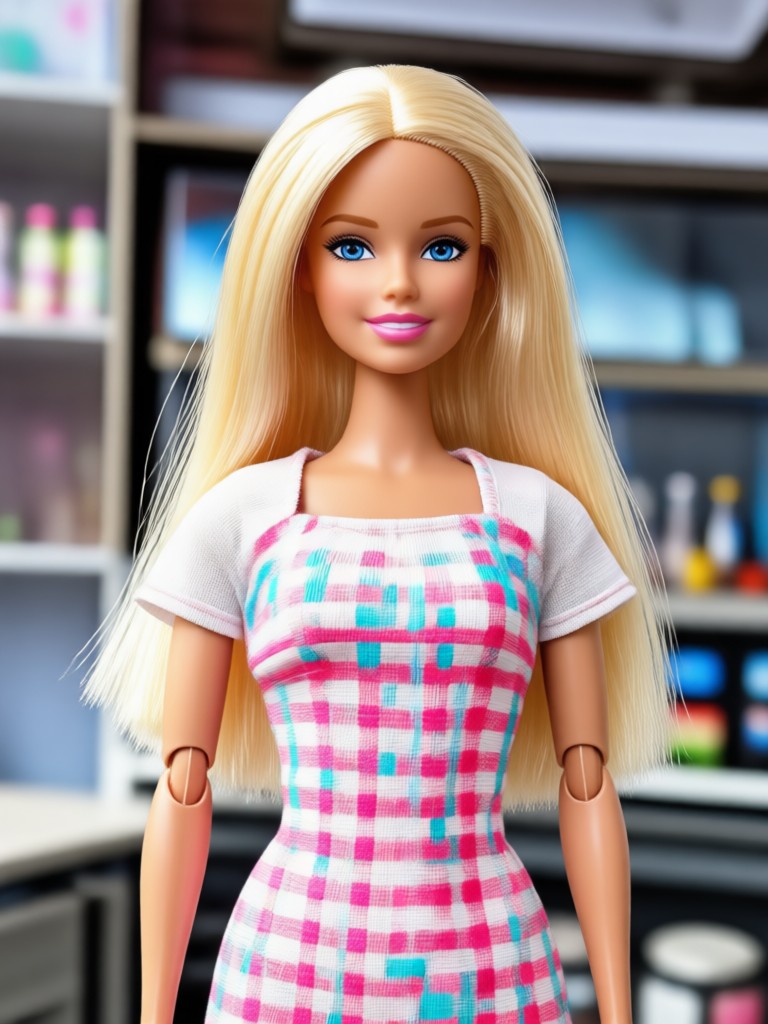 AI Barbie doll with curly red hair and a glittery dress