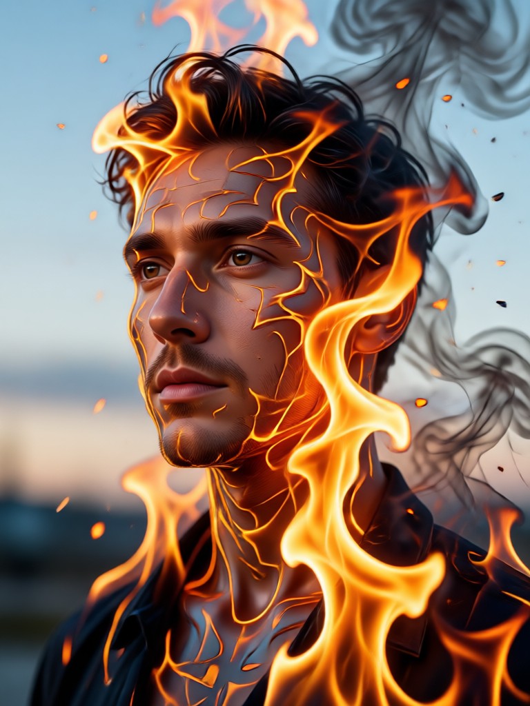 Fire double exposure with silhouette