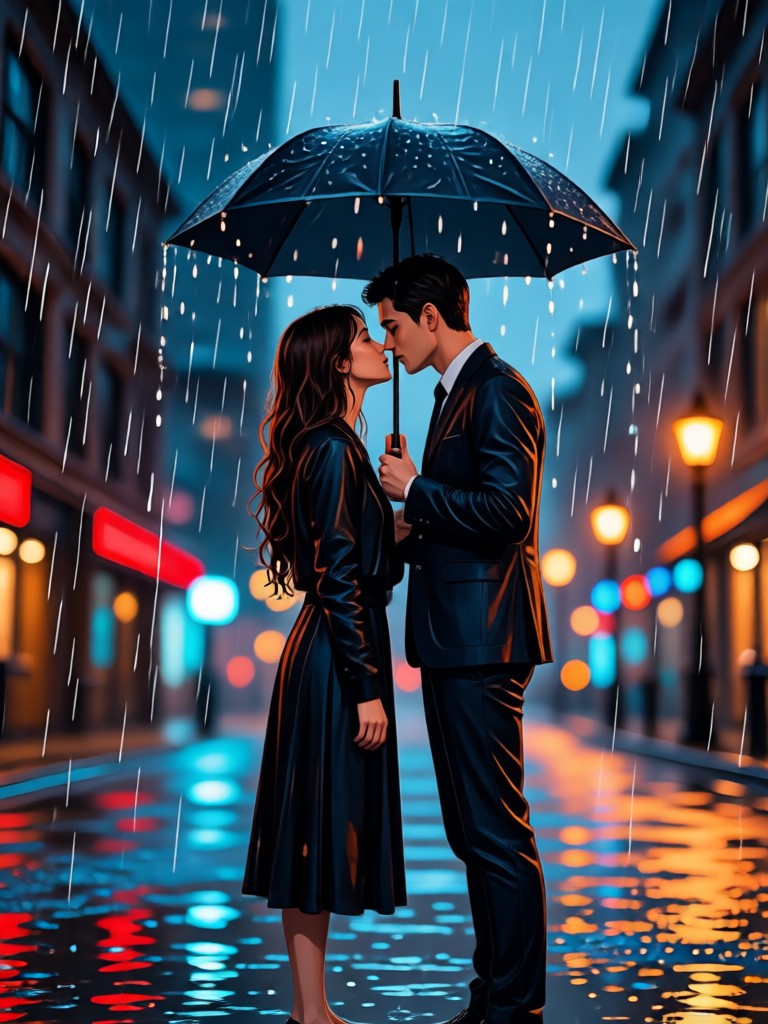 Romantic rain kiss video with dramatic thunderstorm backdrop