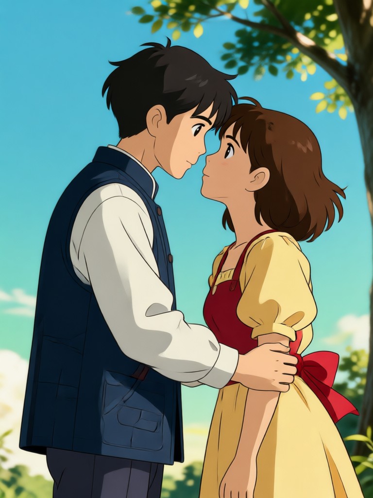 Dreamy Ghibli couple photo with floating islands