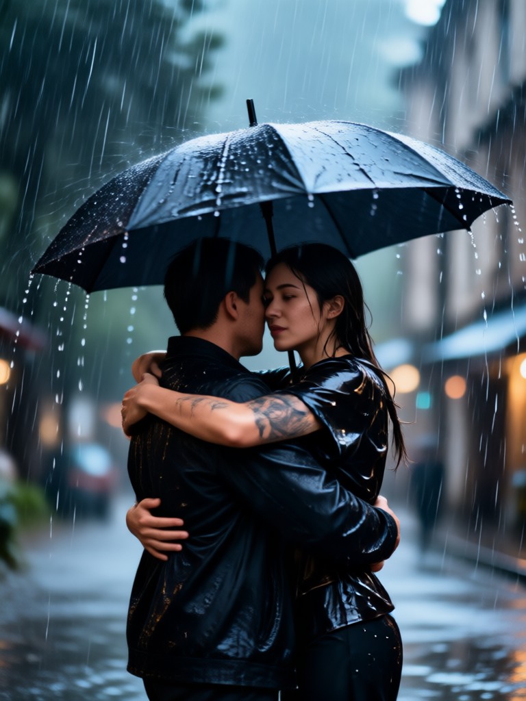 Friends celebrating in slow motion rain