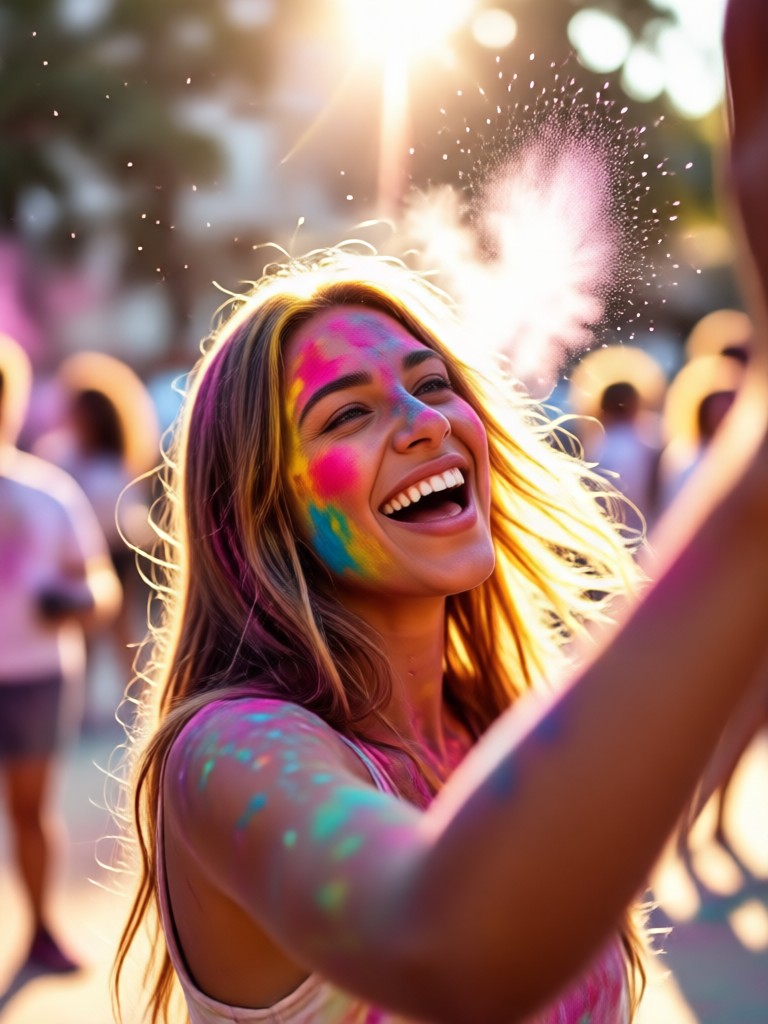 Group photo transformed with vibrant Holi powders