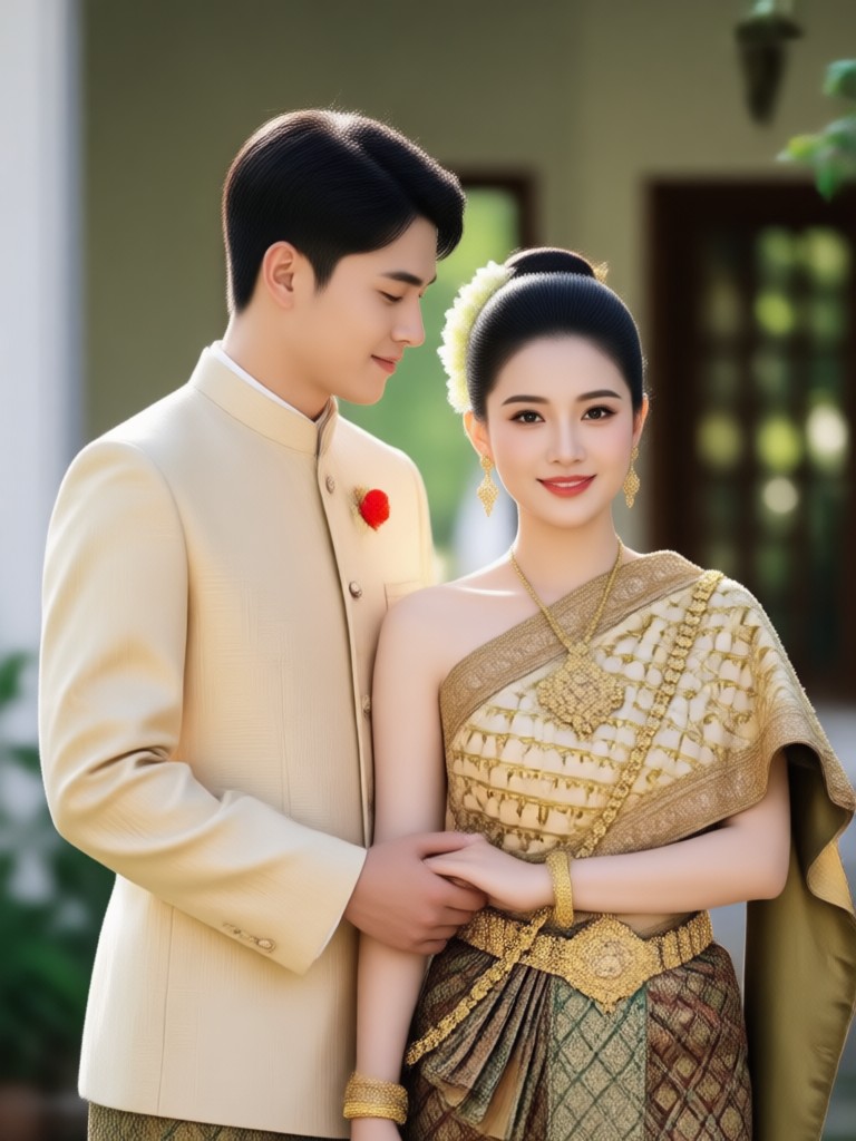 Traditional Thai wedding photo with temple backdrop