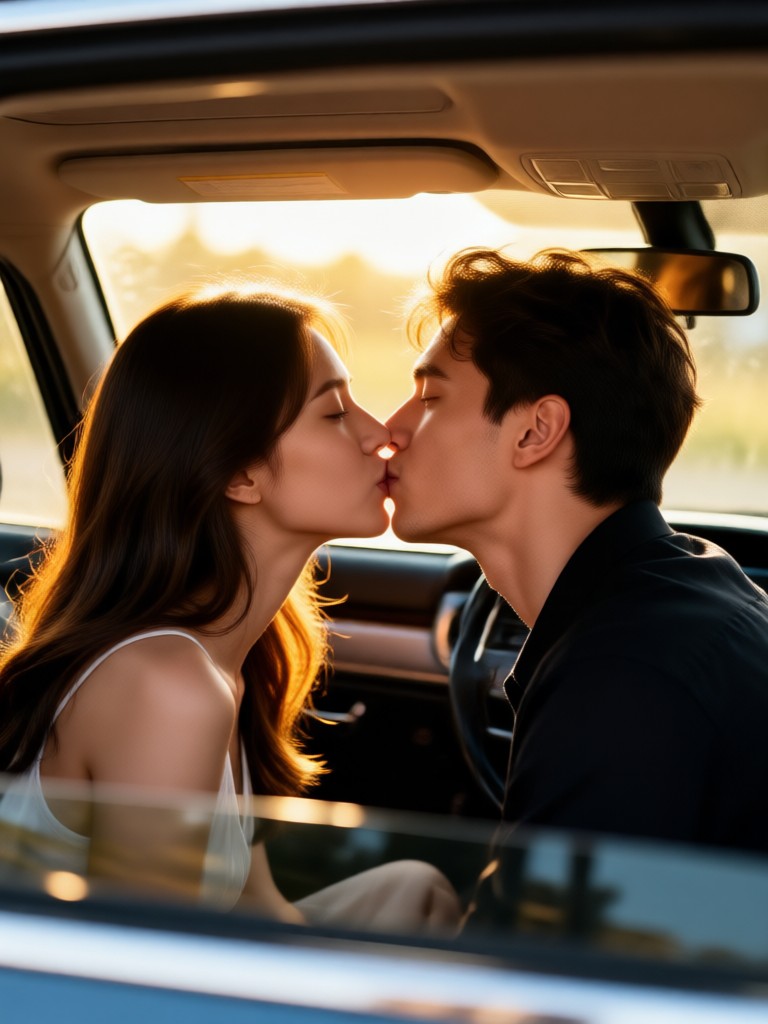 Golden hour lighting in a cinematic two photos kissing in car kiss effect