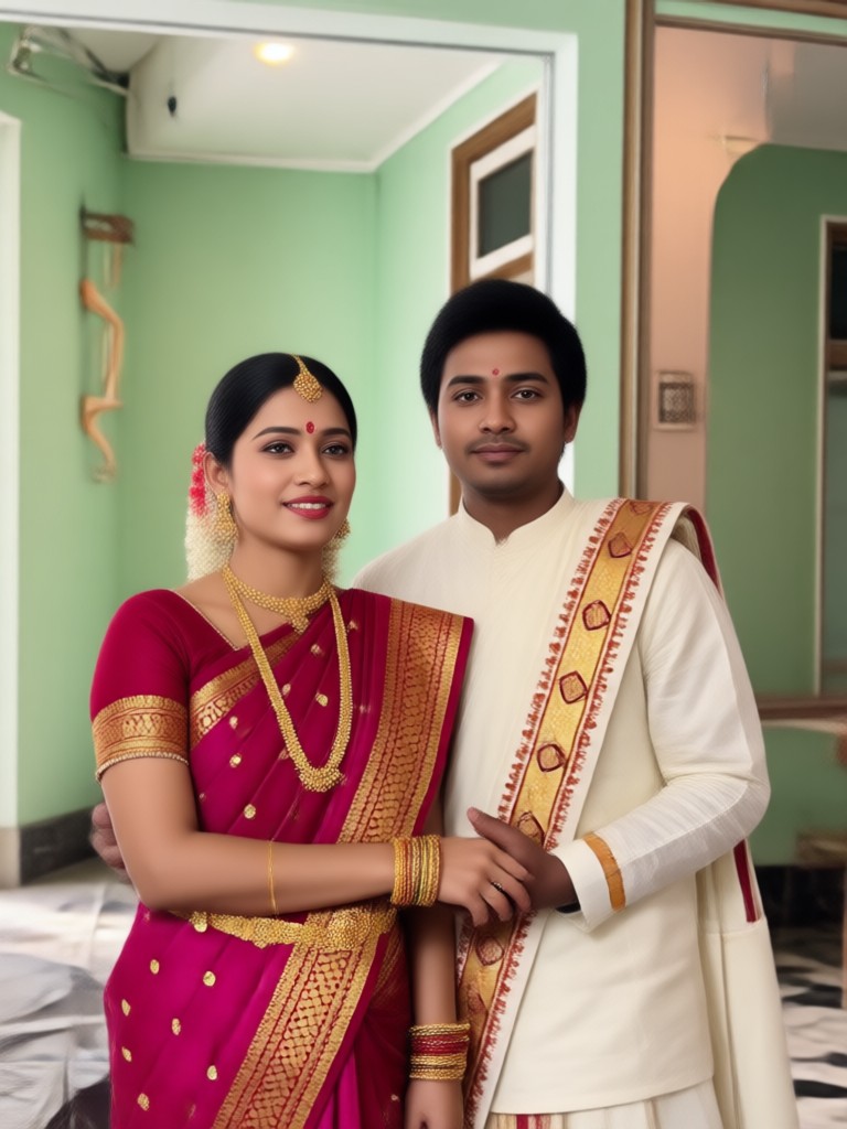 Pareja de boda bengalí en rojo y blanco