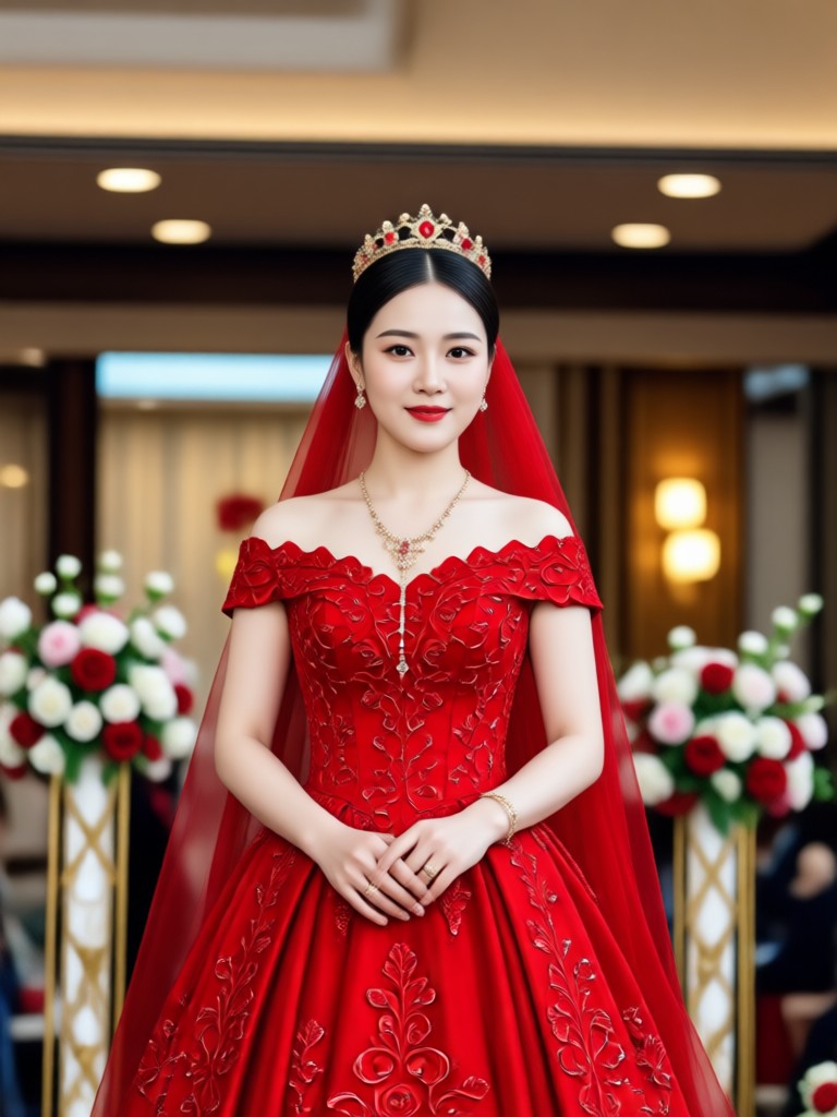 AI red wedding dress transformation from casual wear
