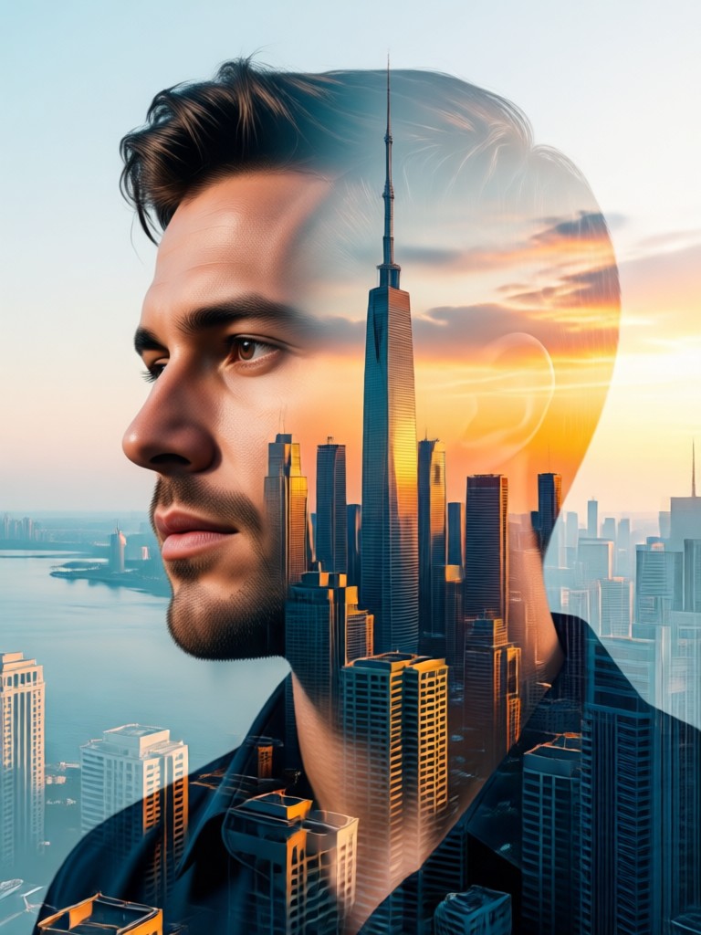 AI double exposure portrait example showing blended face and nature