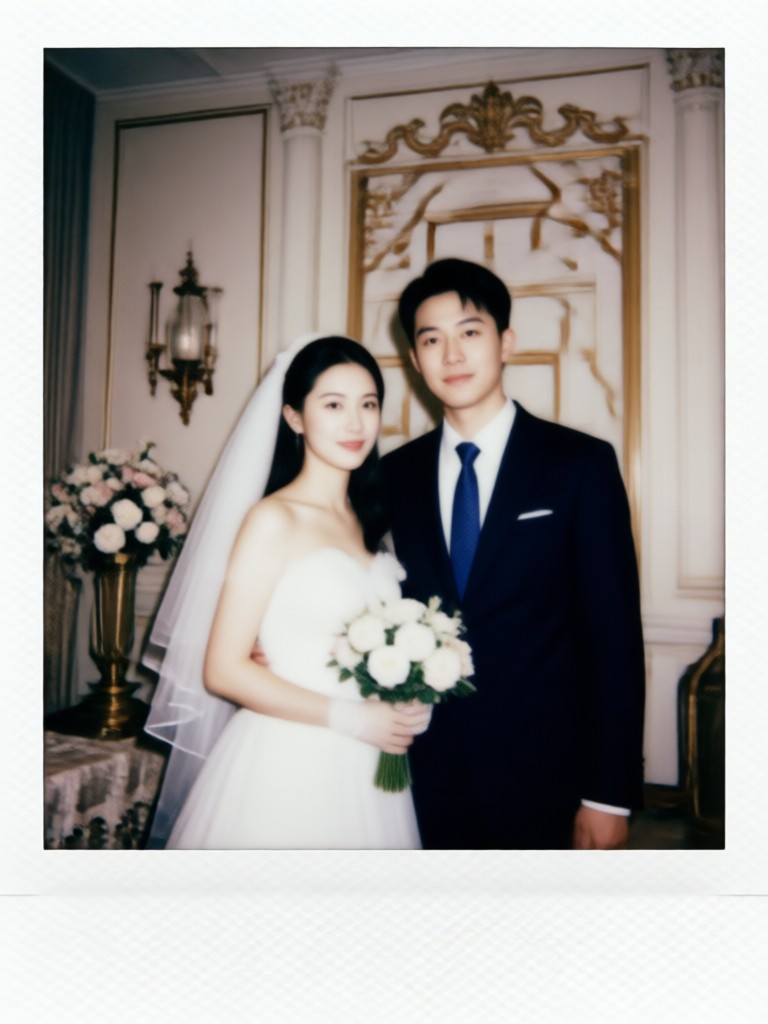 Golden hour couple photo with instant camera style