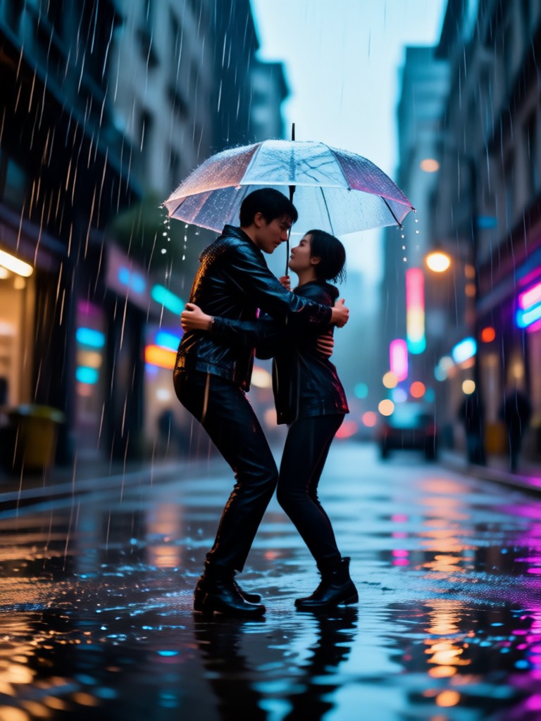 Cinematic reunion hug in the rain
