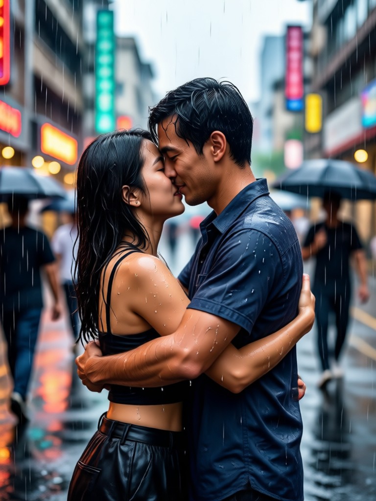Monsoon couple hug AI video animation