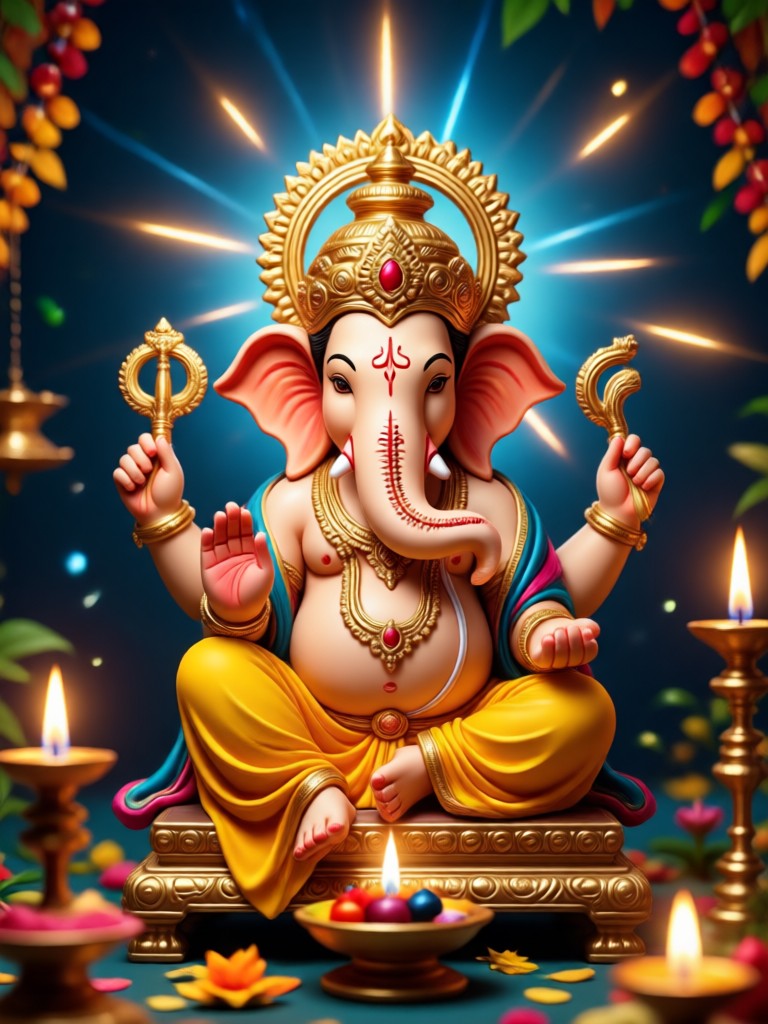 Foto anak dengan bingkai AI Ganesh Chaturthi perayaan