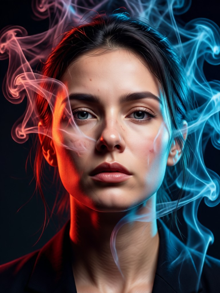 Dramatic high-contrast black and white smoke portrait