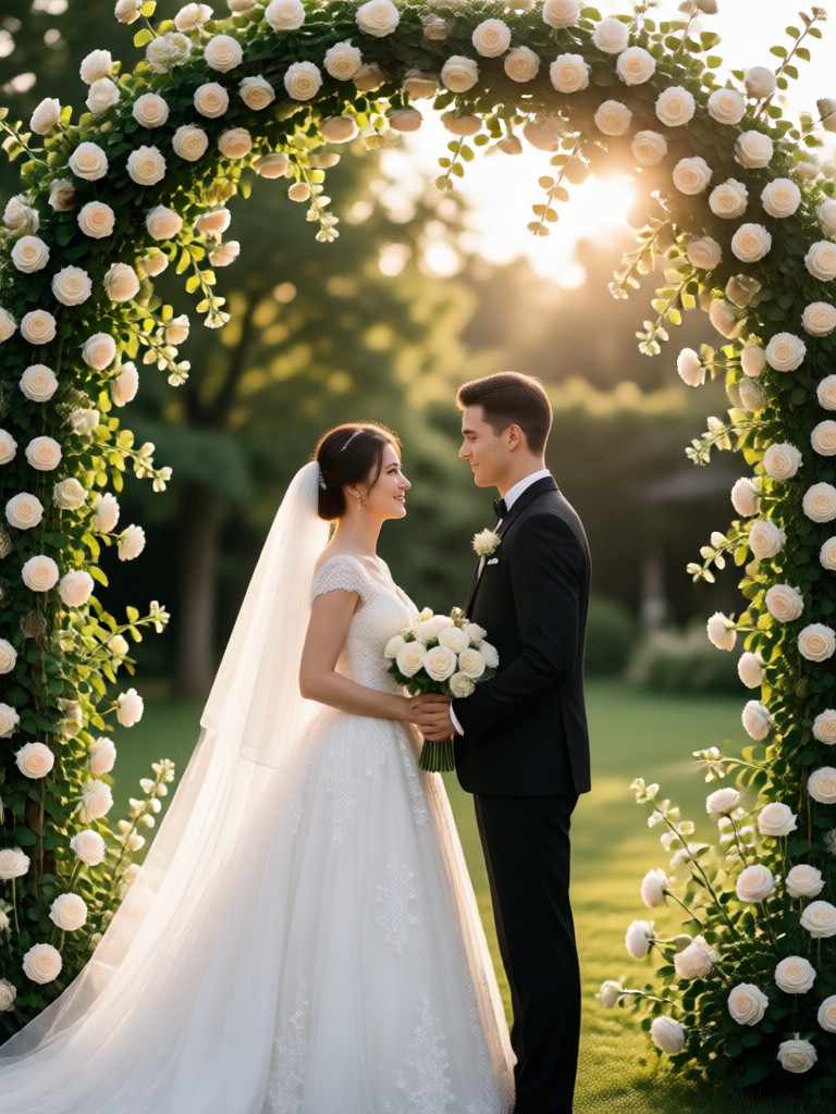 Happy couple holding phone showing AI wedding photo