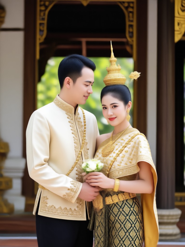 Traditional pose with Thai silk outfits