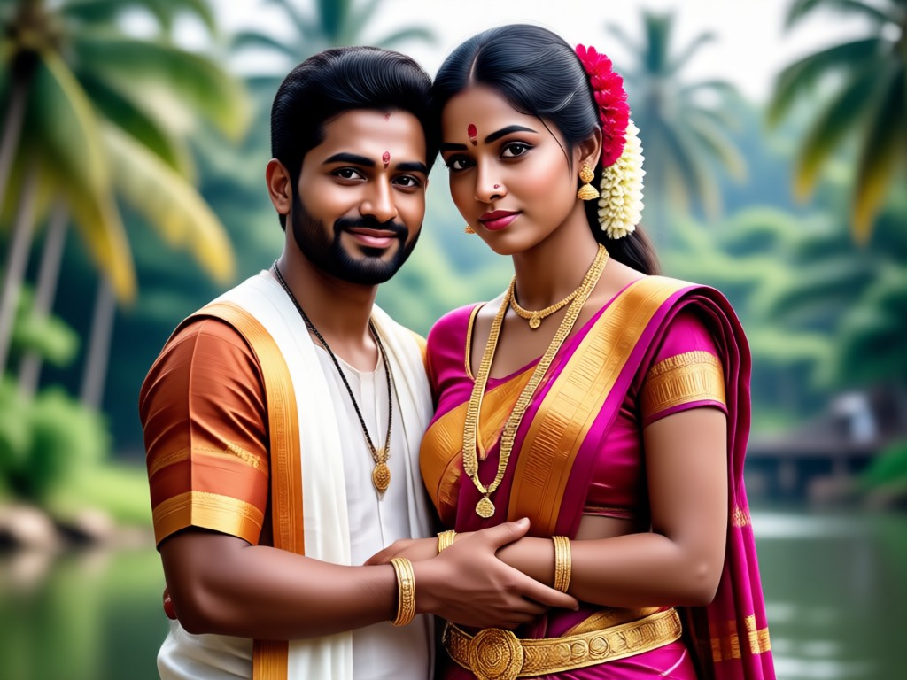Traditionelles Kerala-Paar-Foto für Familie im Ausland