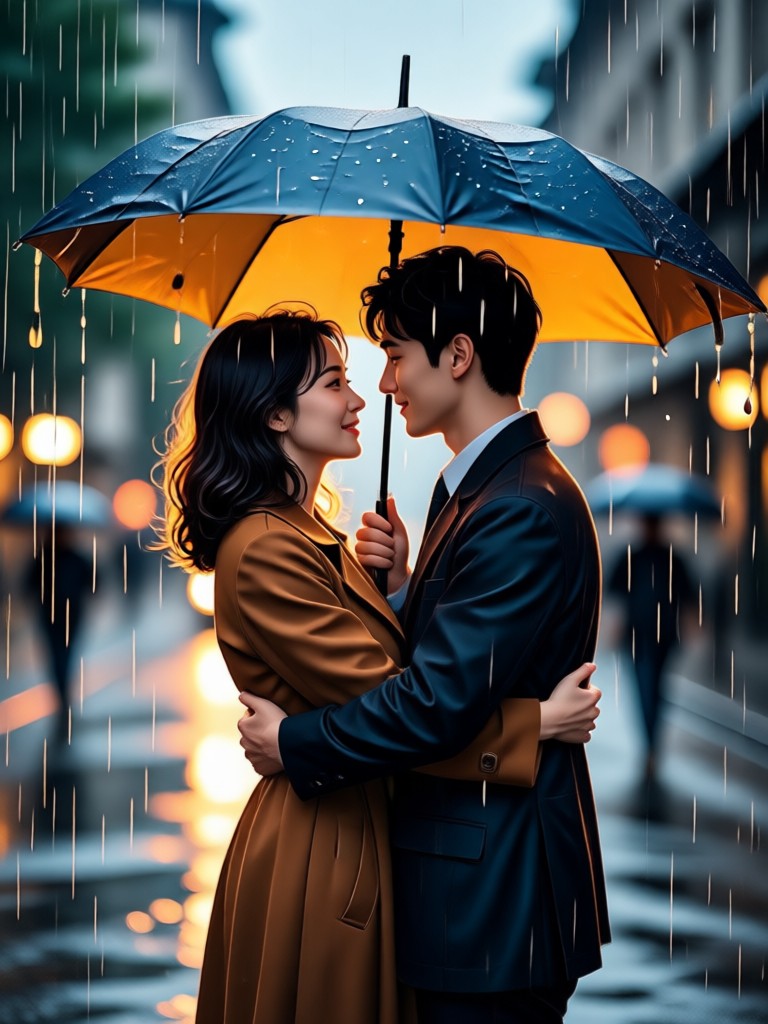 Couple hugging under umbrella video on mobile app