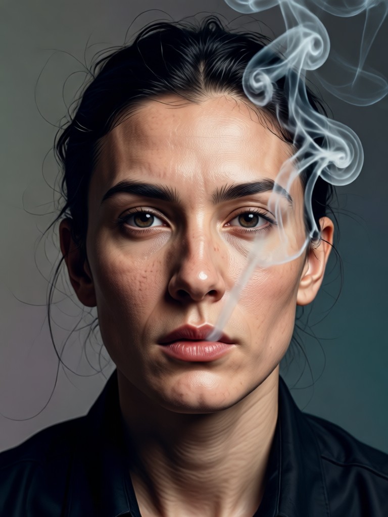 Dramatic black and white portrait with smoke overlay