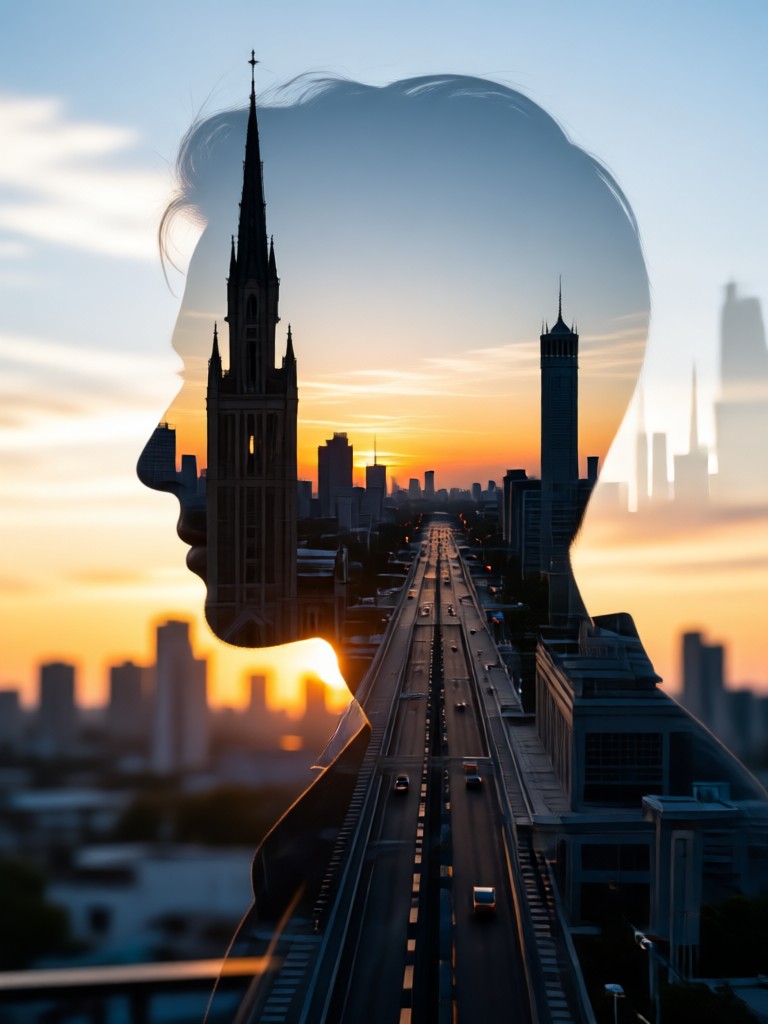 urban skyline silhouette double exposure generator art