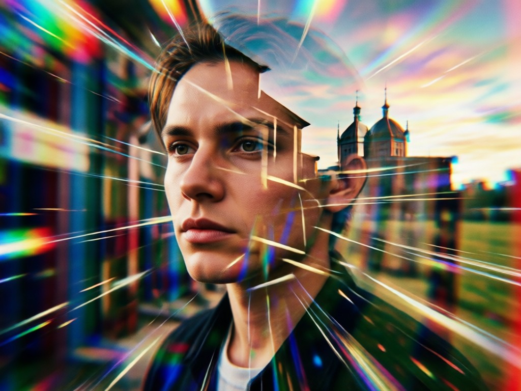 Side by side comparison of photo to finished double exposure artwork