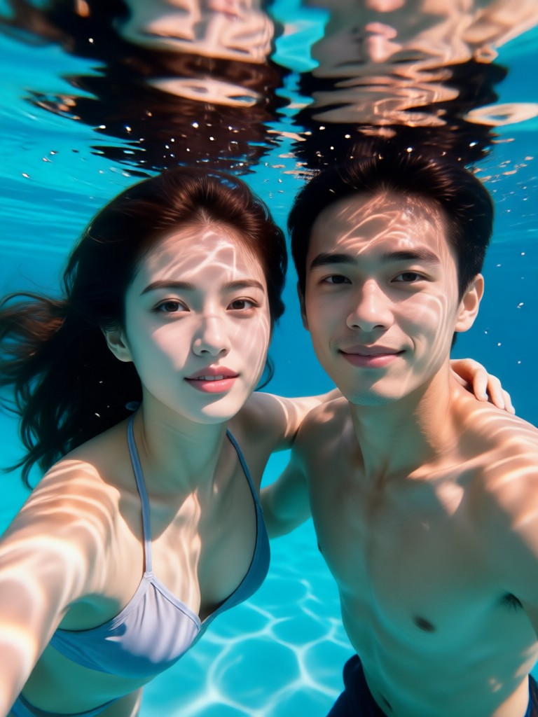 Poolside romantic underwater couple embrace