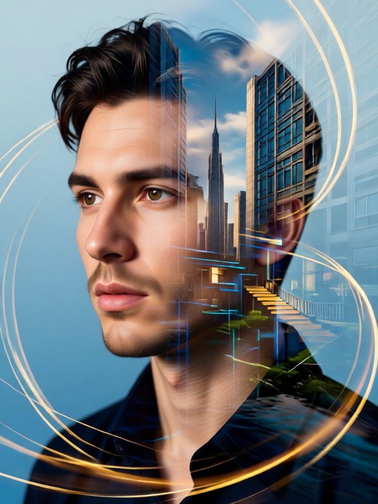 AI double exposure male portrait with urban cityscape overlay