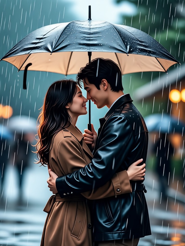 Romantic couple hugging under umbrella cinematic effect at night