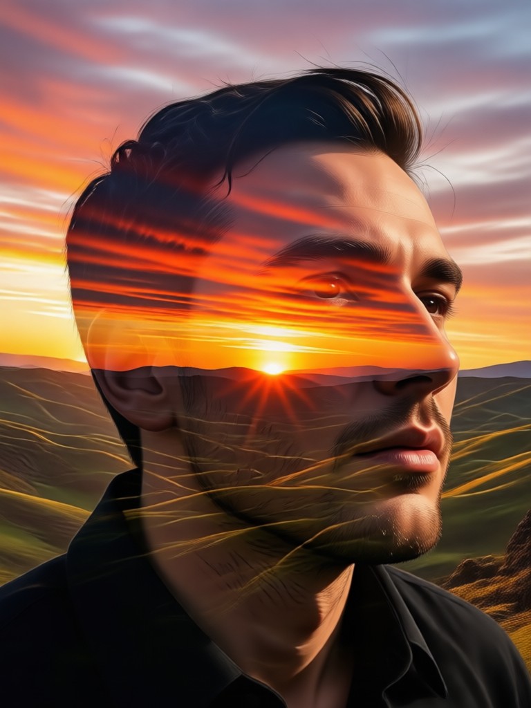 Doble exposición artística con reflejo de atardecer en el agua