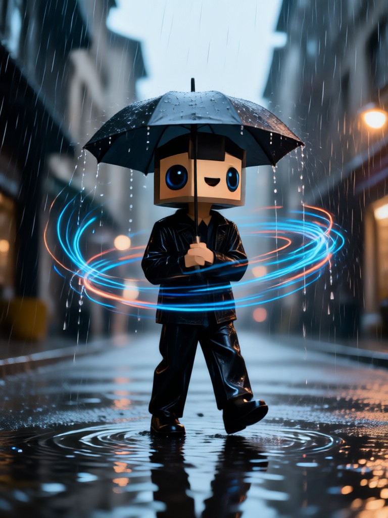 emotional reunion hug in heavy cinematic rain