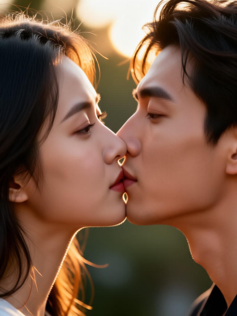 골든 아워 빛 속 부드러운 이마 키스