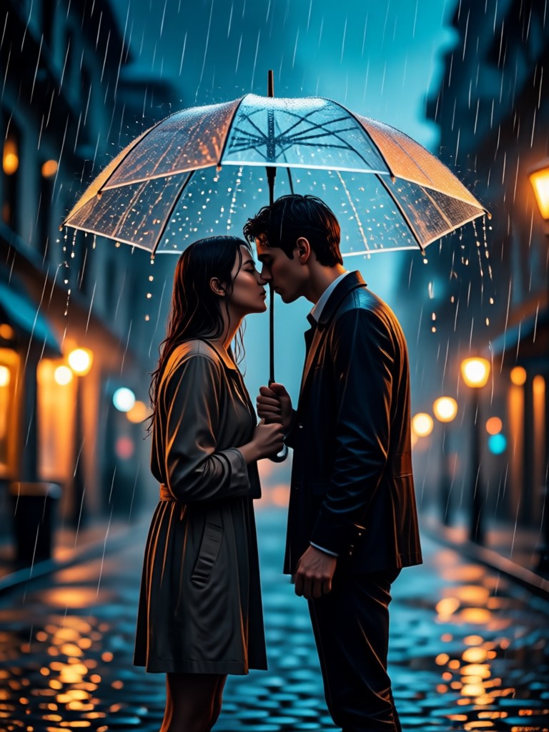 AI generated couple kissing in rain with neon city lights