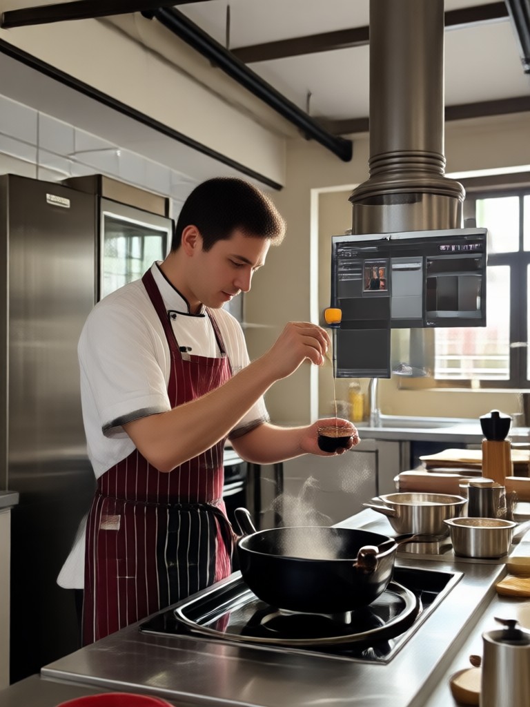 Boy pretending to cook with a wooden spoon as a chef