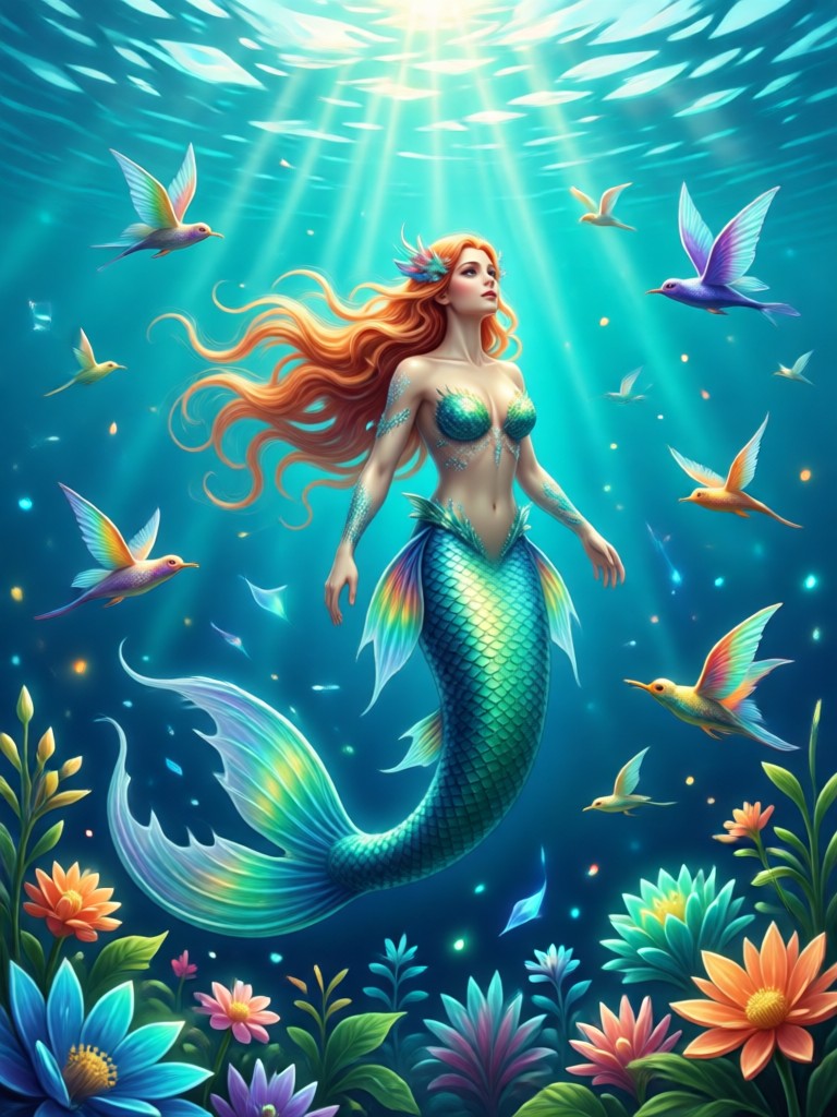 Reina sirena real en un trono de conchas marinas y coral