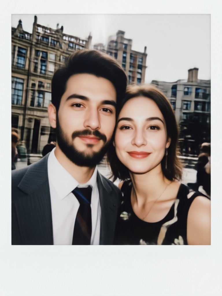 Phone displaying a generated Polaroid couple photo
