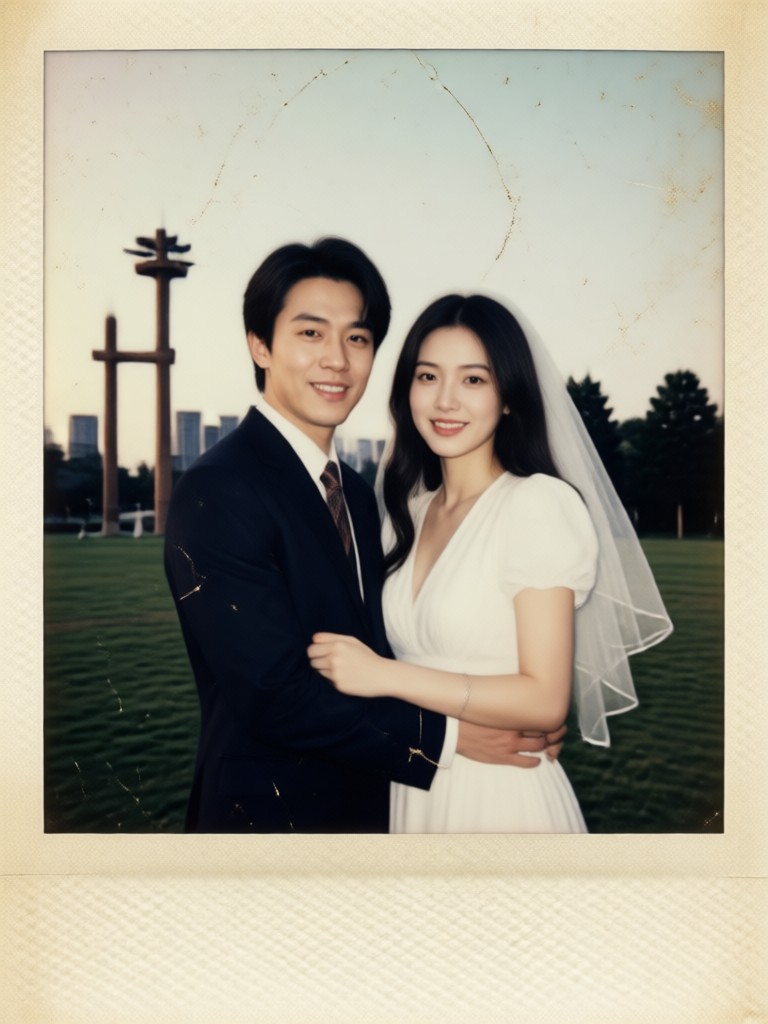 도시 야경 배경의 커플 폴라로이드 스타일 사진