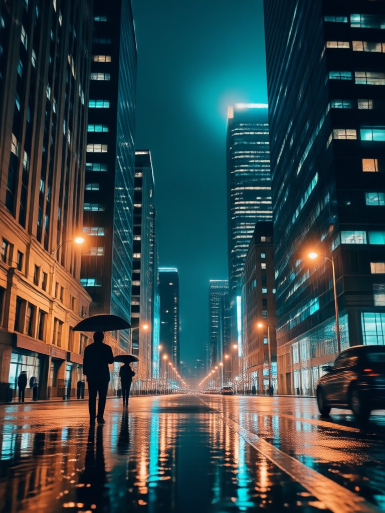Lonely figure under umbrella in neon rain