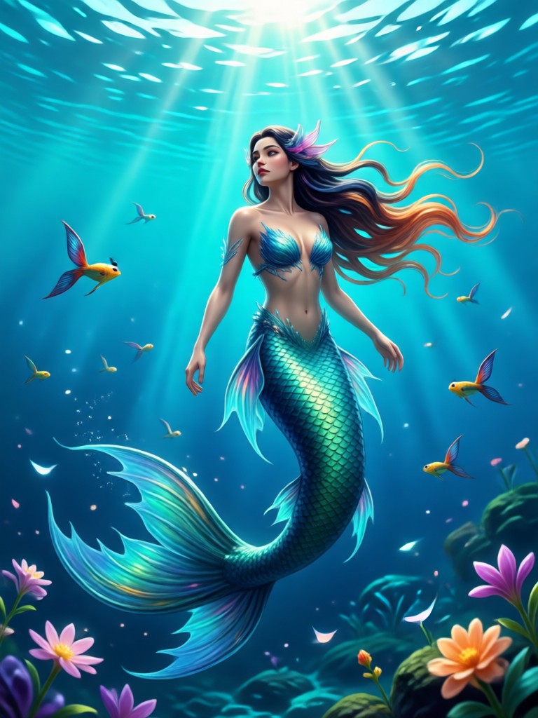 Mystische Sirene mit fließendem Haar und Perlen