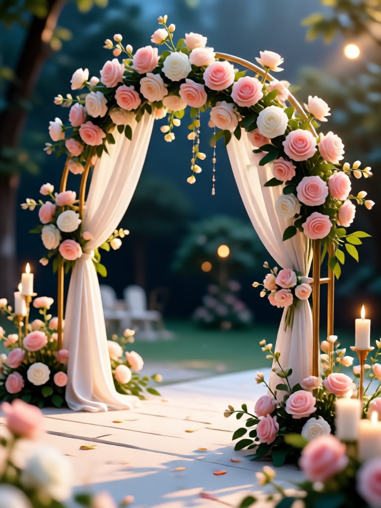 Romantic garden wedding decor with string lights