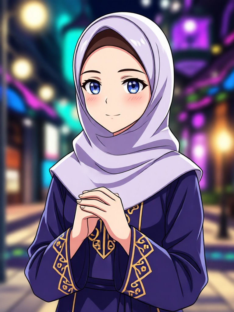 Traditional hijabi anime girl with intricate patterns