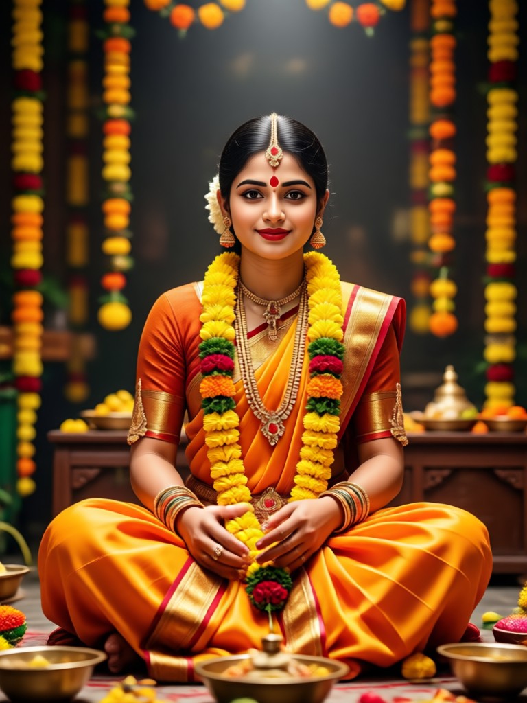 KI-generiertes Varalakshmi-Vratham-Porträt mit traditioneller Seiden-Sari und Goldschmuck
