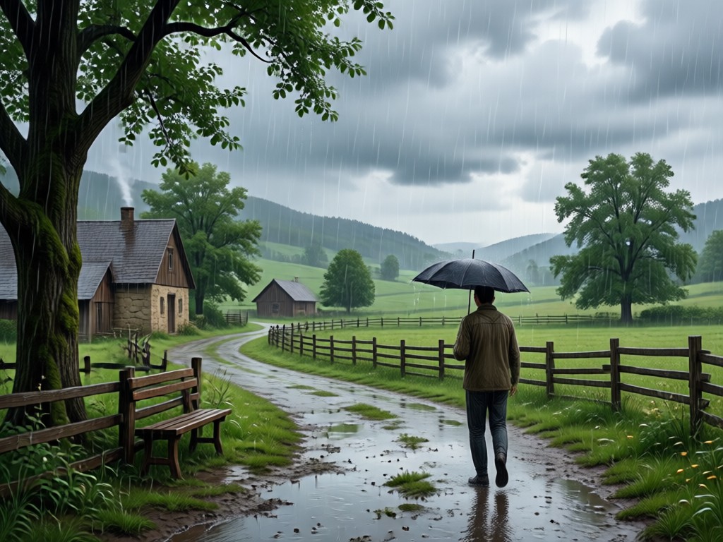 AI generated cozy cottage in the rain detail