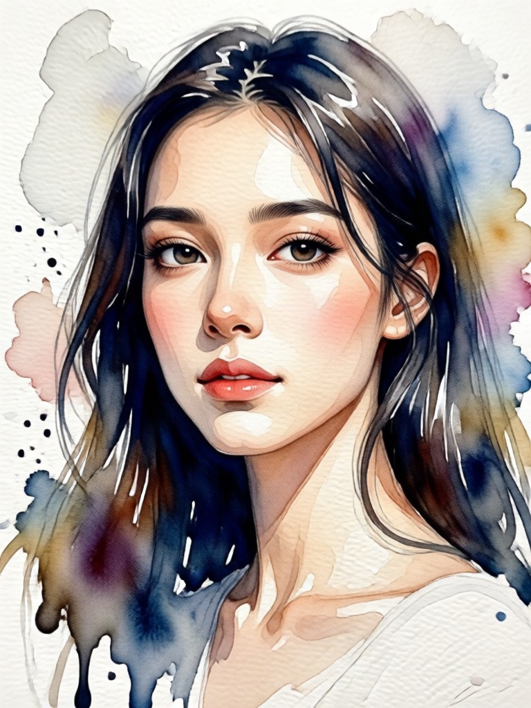 Serene watercolor portrait with a soft, dreamlike quality